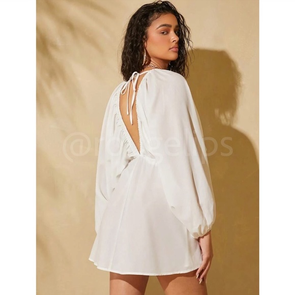 White Boho Mini Dress Frill Batwing Bishop Sleeve Deep V Neck Flared - Picture 2 of 7